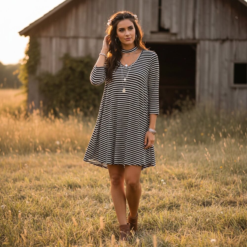 NEW Jodifl M Black White Striped Choker Knit Swing Dress Boho Coastal Casual